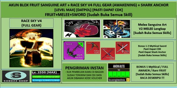 Gambar Product Akun Blox Fruit Sanguine Art + Race Sky V4 Full Gear (Awakening) + Shark Anchor (Godhuman + CDK) [Level MAX]