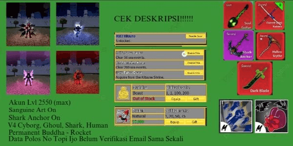 Gambar Product Akun Blox Fruit Sanguine Art + Shark Anchor - Race Awakening V4 Cyborg + Ghoul Full Gear - Permanent Buddha + Rocket - CDK + Godhuman - Data Polos