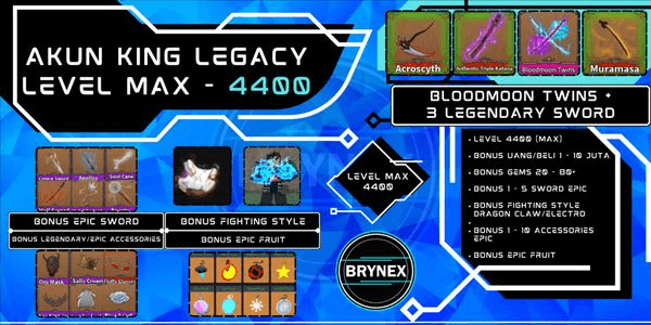 Gambar Product Akun King Legacy Level MAX - Bloodmoon Twins Mythical Sword + 3 Legendary Sword + Bonus | Roblox