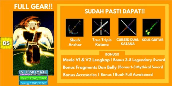 Gambar Product Akun Bloxfruit Dough V2 + Race Angel V4 + (Shark Anchor + Soul Guitar + True Triple Katana + Cursed Dual Katana + God Human)