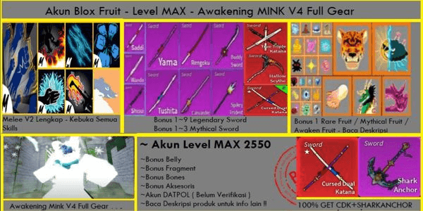 Gambar Product MINK Full Gear V4 ( Awakening ) - CDK - SA - Godhuman - ValkHelm - Rainbow Haki - Bonus - Blox Fruit Account