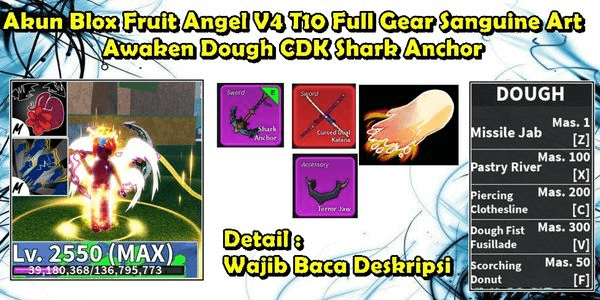 Gambar Product Akun Blox Fruit Race Angel V4 T10 Full Gear Level Max Sanguine Art CDK Shark Anchor Full Awaken Dough