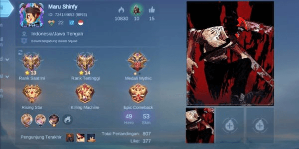 Gambar Product Gg mobile legends account 53 skins 49 Heroes lots of epic plains