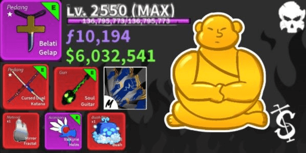 Gambar Product Blox Fruit Account Level Max [2550], Dark Dagger, Buddha Full Awakening, Curse Dual Katana, Godhuman, Soul Guitar, 6 Million Money, Haki Snow White