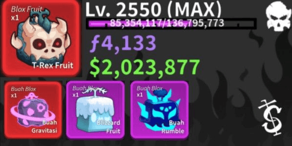 Gambar Product Blox Fruit Account Level Max [2550], Fruit T-rex, Gravity, Blizzard, Rumble Storage, Godhuman, Race Human V3, Money 2 Million, Fragments 4 Thousand