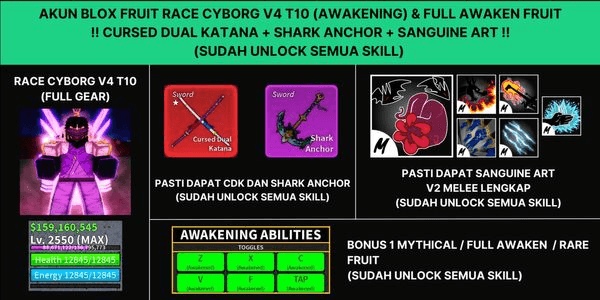 Gambar Product Blox Fruit Sanguine Art Account + Race Cyborg V4 Full Gear (Awakening) + CDK + Shark Anchor (Level MAX)