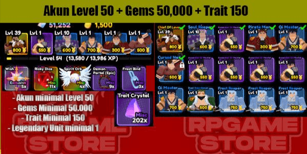 Gambar Product Akun Lvl 50 + 50k Gems + 150 Trait + 1 Legendary ( Data Polos )