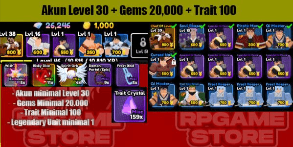 Gambar Product Account Lvl 30 + 20k Gems + 100 Traits + 1 Legendary (Plain Data)