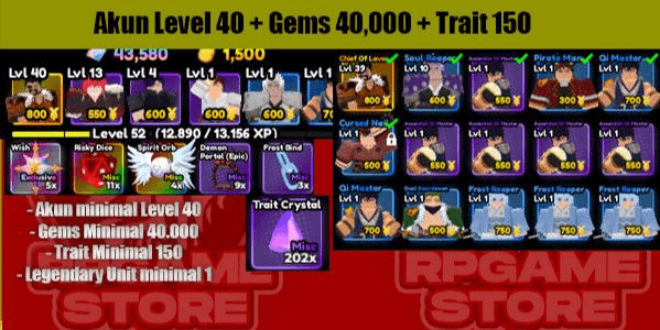 Gambar Product Account Lvl 40 + 40k Gems + 150 Trait + 1 Legendary (Plain Data)