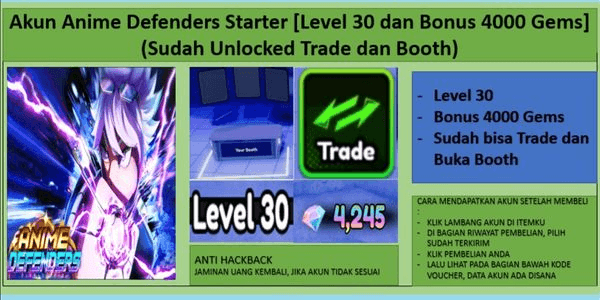 Gambar Product Akun Anime Defenders Starter [Level 30 dan Bonus 4000 Gems] (Sudah bisa Trade dan Buka Booth)