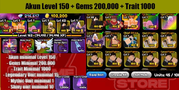 Gambar Product Akun Lvl 150 + 200k Gems + 1200 Trait + 1 Mythic + 15 Legendary + 15 Shiny + 100k Gold