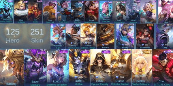 Gambar Product REALLY SULTAN ML ACCOUNT, MAX EMBLEM, 1 SKIN COLLECTOR BADANG, MANY SKIN EPIC LIMITED, 2 SKIN MPL, 1 SKIN LIGHBORN, 15 SKIN STARLIGHT GG BGT