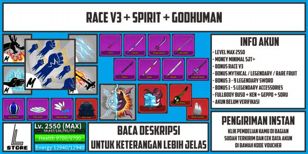 Gambar Product Blox Fruit Account [Level Max] [Race V3 + Spirit + Godhuman] [Unverified]
