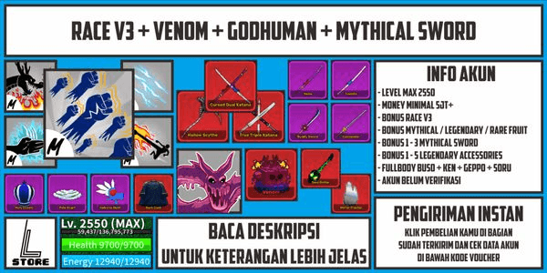 Gambar Product Blox Fruit Account [Level Max] [Race V3 + Venom + Godhuman + Mythical Sword] [Unverified]