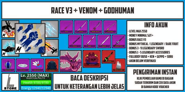 Gambar Product Blox Fruit Account [Level Max] [Race V3 + Venom + Godhuman] [Unverified]