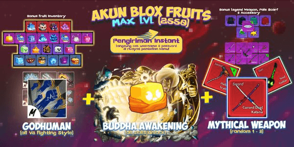 Gambar Product Akun Blox Fruit BUDDHA V2 {AWAKENING BUDDHA + GODHUMAN + CDK + MYTHICAL SWORD} [Level MAX ] (Unverified)]