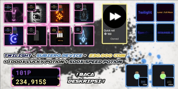 Gambar Product Sol's RNG | QUICK ROLL + TWILIGHT + SUBZERO DEVICE + JACKPOT GAUNTLET + 230.000 Coin + 1.000x Lucky Potion + 500x Speed Potion [BACA DESKRIPSI]