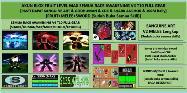 Gambar Product Akun Blox Fruit Semua Race V4 Full Gear T10 (Awakening) (SANGUINE ART + GODHUMAN + CDK + SHARK ANCHOR + 100M Belly) [Level MAX]