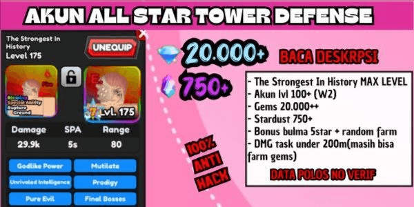 Gambar Product MAX The Strongest In History 7STAR starter account | all star tower defense | astd account | all star tower defense account | MAX sukuna