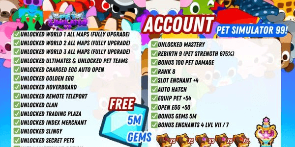 Gambar Product Akun Pet Simulator 99 - Open All Map ( Equip +54 & Hatch +50 & Max Upgrade Map ) - Rank 8