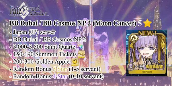 Gambar Product [JP/Japan] Akun BB Dubai / BB Cosmos NP2 (Moon Cancer) + 3000-3500 Saint Quartz + 150-190 Summon Tickets + 250+ Golden Apple + Random 5/4 Star Servant