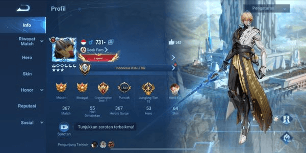 Gambar Product Akun Skin 64, Skin MYTHIC Li Bai, KIC Luna, 3 LIMITED, 2 SAINT SAIYA, NOBILITY LV 5, GRANDMASTER STAR 103, TOP INDO LI BAI 36, WINRATE MANTEP