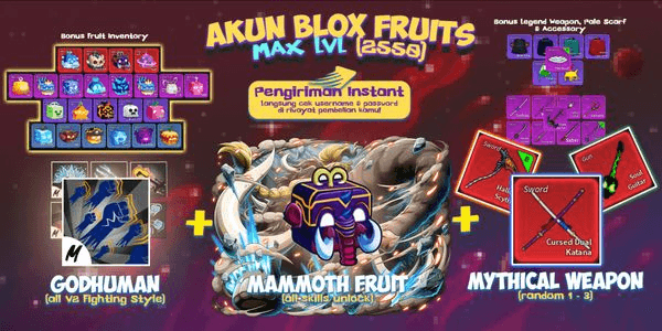 Gambar Product Akun Blox Fruit MAMMOTH MAX LEVEL (MAMMOTH + GODHUMAN) [All Skill Unlock]! Unverified