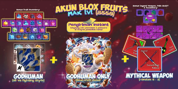 Gambar Product Akun Blox Fruit GODHUMAN MAX LEVEL [All Skill Unlock]! Unverified (GH ONLY NO FRUIT DOUGH / LEO / BUDDHA / KITSUNE)