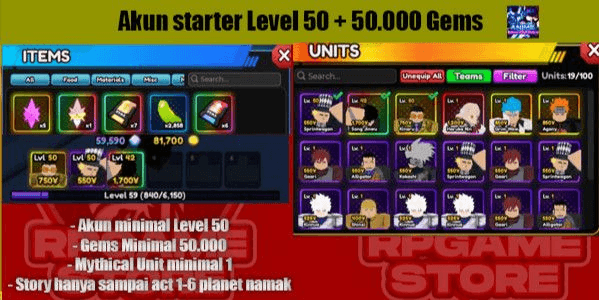 Gambar Product Akun Starter Lvl 50 + 50k Gems + 1 Mythical Unit ( Data Polos )