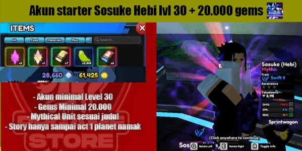 Gambar Product Sosuke Hebi Starter Account Lvl 30 + 20k Gems (Plain Data)