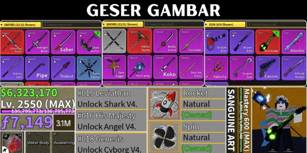 Gambar Product Akun SANGUIN ART V4 Shark, Angel, Cyborg /  CDK, Hallow Scythe, Shark Anchor, Fox Lamp, Soul Guitar (cek deskripsi)