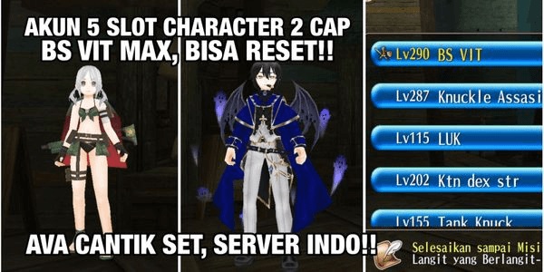 Gambar Product AKUN PENSI BISA RESET!!, 5 CHARACTER CAP 2, AVA CANTIK SET, BS VIT MAX LEVEL, SERVER INDO, TINGGAL MAIN