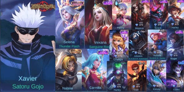 Gambar Product akun mobile legend murah jjk gojo sotauru xavir