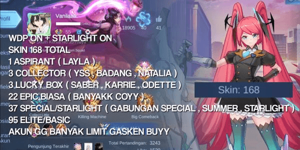 Gambar Product AKUN ML OP , 1 ASPIRANT , 3 COLECTOR, 3 LUCKY BOX , 22 EPIC NORMAL , 37 ( SPECIAL , STARLIGHT , SUMMER DLL ) , 95 ELITE/BASIC, WDP ON. AKUN SAFE 100%