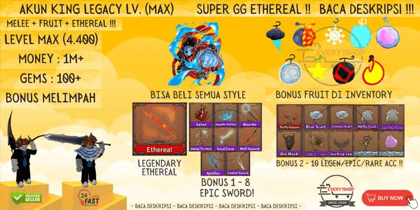 Gambar Product King Legacy Account Lvl MAX - ETHEREAL + Bonus | Legendary Sword