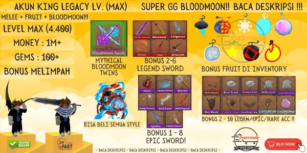 Gambar Product King Legacy Account Lvl MAX - BLOODMOON TWINS + Legendary Sword Bonus + Bonus | Mythical Sword