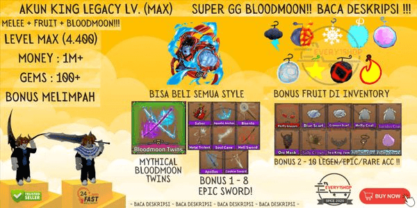 Gambar Product King Legacy Account Lvl MAX - BLOODMOON TWINS + Bonus | Mythical Sword