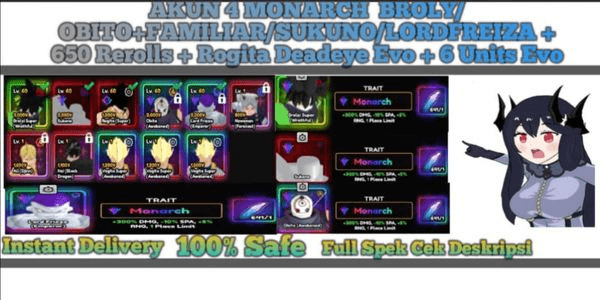 Gambar Product AKUN 4 MONARCH BROLY/OBITO+FAMILIAR/SUKUNO/LORDFREIZA + 650 Rerolls + Rogita Deadeye Evo + 6 Units Evo