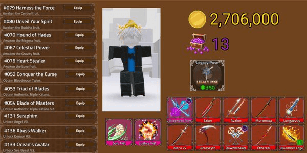 Gambar Product Akun King Legacy Max - DawnBreaker - Bloodshell Edge - Justice Fist - Gale Fist - Legacy Pose - Undead Animation