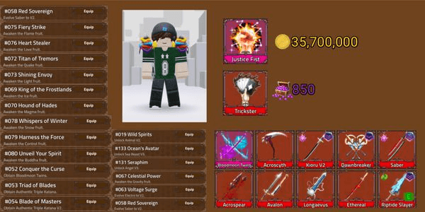 Gambar Product Akun King Legacy Max - Justice Fist - Trickster - DawnBreaker - Riptide Slayer - Acrospear