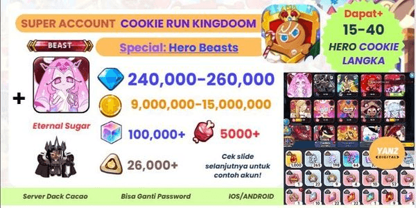 Gambar Product Akun Limited CRK Beast Eternal Sugar Cookie | 240K–260K Crystal + 100K-130K Cube + 650x Cutter | 15–40 Hero Cookie Langka!