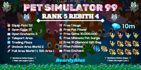 Gambar Product Pet Simulator Accounts 99 | Rank 5 Rebith 4 | Bonus 10,000,000 Diamonds | Unlocked Trade & Booth | Instant Delivery
