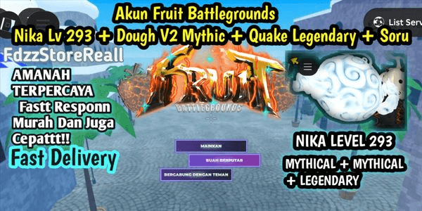 Gambar Product Akun Fruit Battlegrounds | Nika Lv 293 + Dough V2 Mythic + Quake Legendary + Soru (Cheap!)