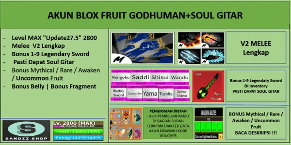 Blox Fruit GODHUMAN Account + SOUL GUITAR [MAX Level] [Datpol] [Not Verified]