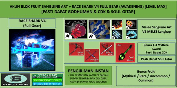 Gambar Product Akun Blox Fruit Sanguine Art + Race Shark V4 Full Gear (Awakening) (Godhuman + CDK + Soul Gitar) [Level MAX]