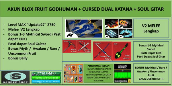 Gambar Product Blox Fruit Account GODHUMAN+CURSED DUAL KATANA+SOUL GUITAR [Level MAX] [DATPOL]