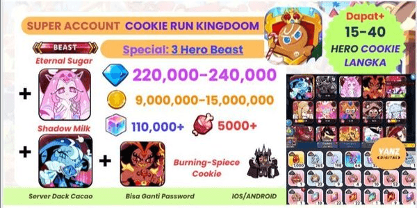 Gambar Product Akun Gacha CRK + 3 Beast Eternal Sugar + Burning Spice + Shadow Milk Cookie | 220K–240K Crystal + 110K-140K Cubes + 15–40 Hero Cookies!