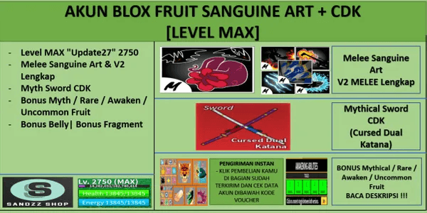 Blox Fruit Sanguine Art Account + CDK [Level MAX]