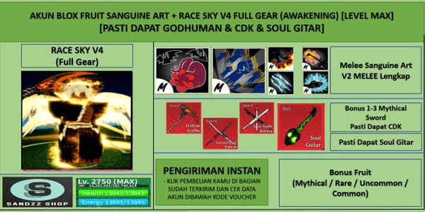 Gambar Product Akun Blox Fruit Sanguine Art + Race Sky V4 Full Gear (Awakening) (Godhuman + CDK + Soul Gitar) [Level MAX]