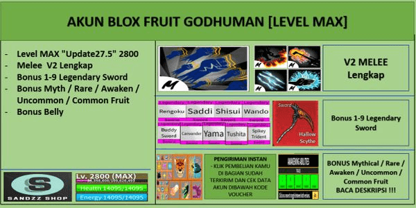 Gambar Product Blox Fruit GODHUMAN Account [MAX Level] [Datpol] [Not Verified]
